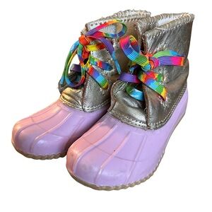 Silver and Pink Kids Rain Boots with Rainbow Laces